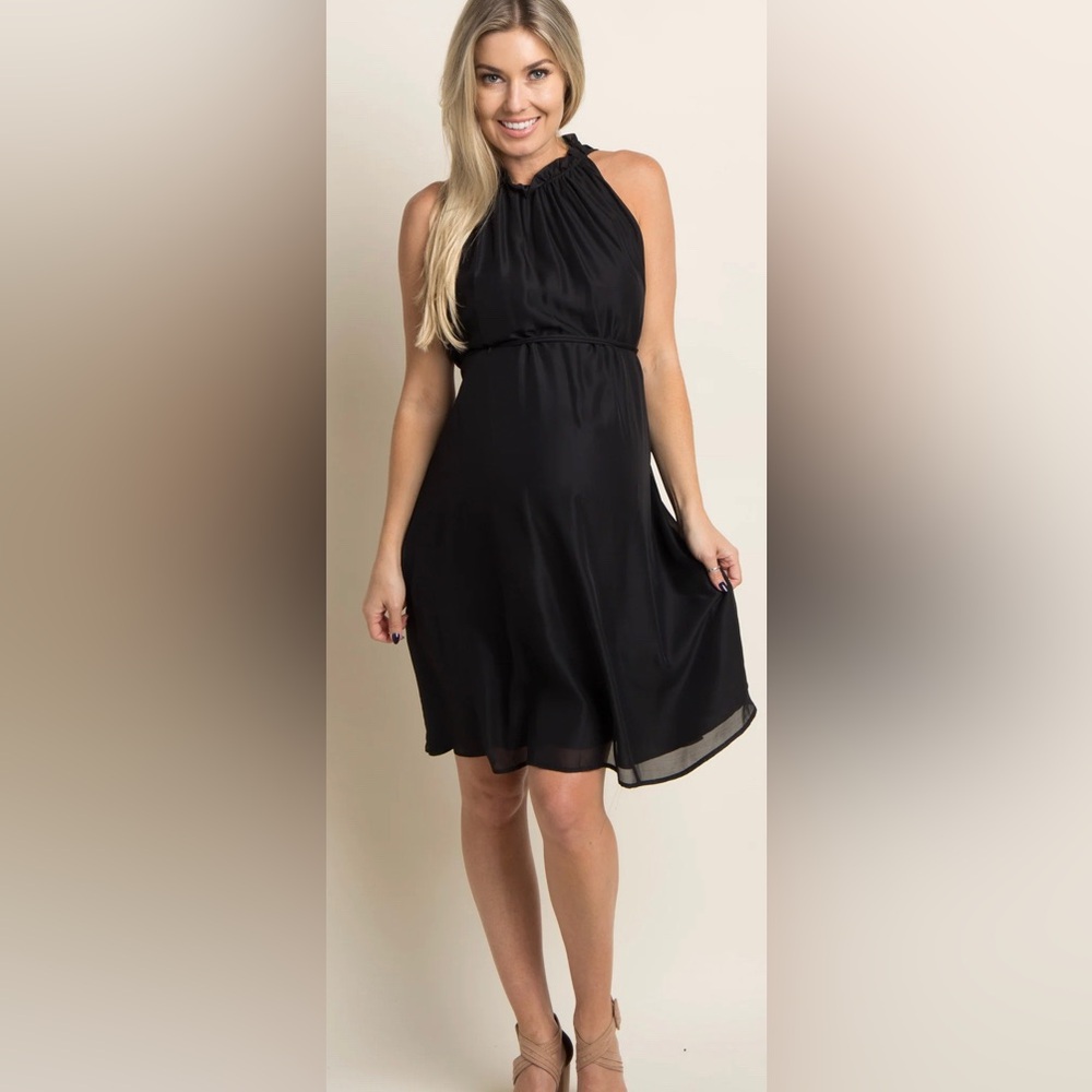 PinkBlush MATERNITY Little Black Dress Chiffon High Neck Ruffle, Size Small NWT